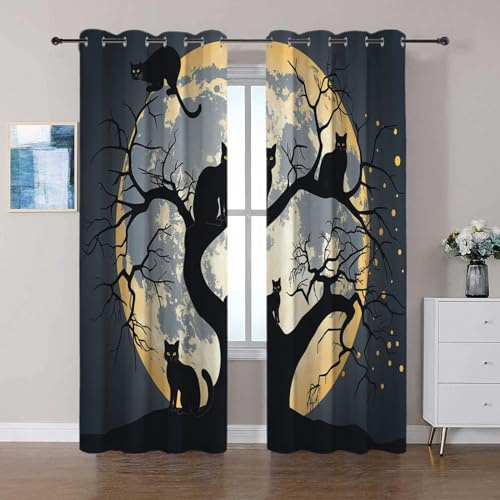 Schwarz Verdunklungsvorhänge mit Ösen Schwarze Katze auf Baum in mondheller Nacht Gardinen Blickdichte 2er Set B117 x H183 cm Thermovorhang Fensterschal Dekoschal für Schlafzimmer Wohnzimmer