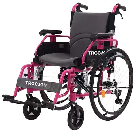 Leichter Rollstuhl aus Aluminiumlegierung, Leichter Rollstuhl für Erwachsene, zusammenklappbarer Transportrollstuhl mit Handbremsen (18,8 Zoll Sitzbreite, Pink)