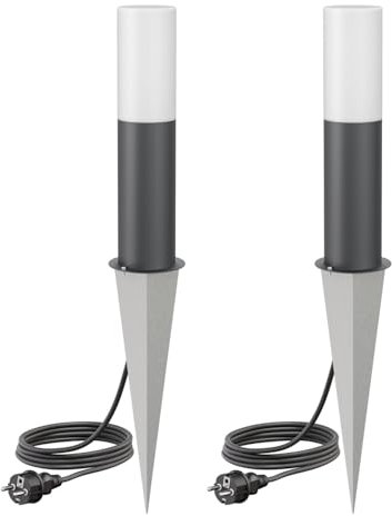 ledscom.de 2 Stück Pollerleuchte GROPO mit Erdspieß und 2m Kabel, für außen, anthrazit, 41cm, inkl. E27 Lampe, 471lm, extra-warmweiß