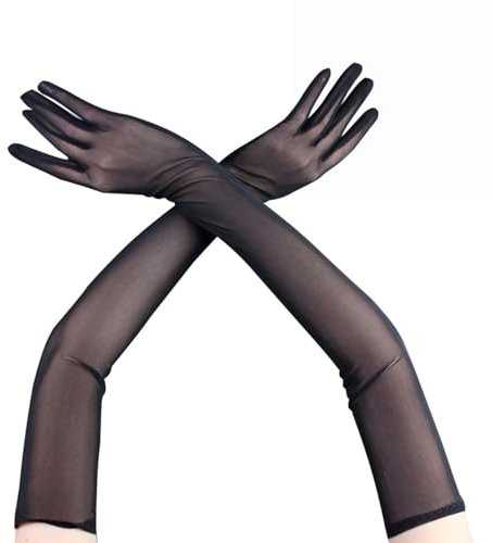 BFUZXY Damen 55 cm Lange Schwarze Tüll Handschuhe für Kostüme, Hochzeiten, Partys & Opernaufführungen, Elegante Nylon Armstulpen, Schwarz, Größe 21