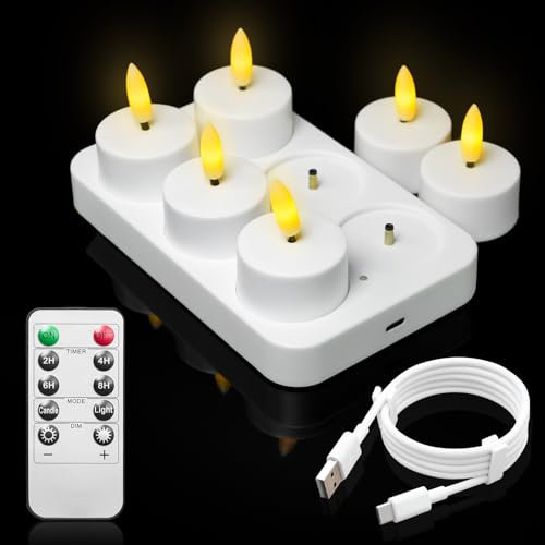 6er Aufladbare Teelichter mit Timerfunktion und Ladestation, LED Wiederaufladbar Kerzen Flackernd mit Fernbedienung Timer für Zimmer Valentinstag Halloween Weihnachten Tisch Party Deko