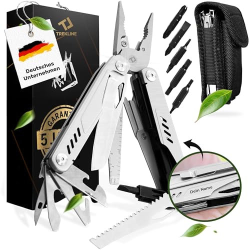 TREKLINE Premium Multitool Werkzeug [rostfreier Edelstahl] Survival Multifunktionsmesser perfektes Camping Zubehör, Multifunktionswerkzeug [28 Funktionen] Taschenmesser, Geschütztes Design