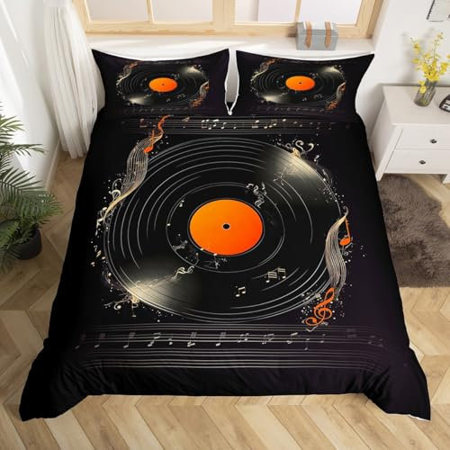 Homewish Vinyl Records 155x220 Bettwäsche Set Musik Thema Indie Tröster Bezug Gramophon Records Bettbezug für Kinder Jungen Mädchen,Cd Karte Schwarz Bettbezug Zimmer Dekor