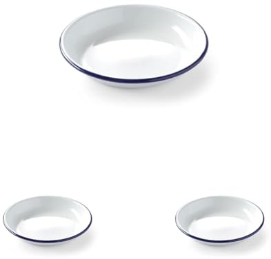 HENDI Piatto in acciaio smaltato bianco, con bordo blu, rotondo, piatto fondo, per campeggio, escursioni e picnic, ø200x(H) 32mm (Confezione da 3)