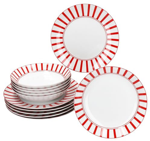 MamboCat Service de table Split rouge 12 pièces I Vaisselle en porcelaine blanche à rayures pour 6 personnes I 6 assiettes creuses et 6 assiettes plates pour petit-déjeuner, déjeuner et dîner
