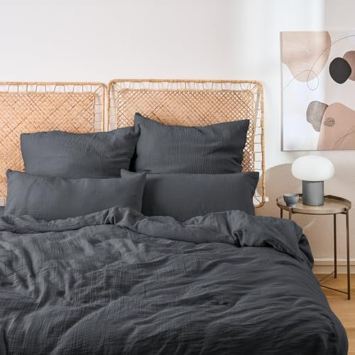 Blumtal Musselin Bettwäsche 155x220 cm + 80x80 cm - Oeko-TEX zert. Bettwäsche Musselin aus 100% Baumwolle - extra weiches Bettwäsche-Set waschbar bei 40 °C - Sommerbettwäsche Anthrazit