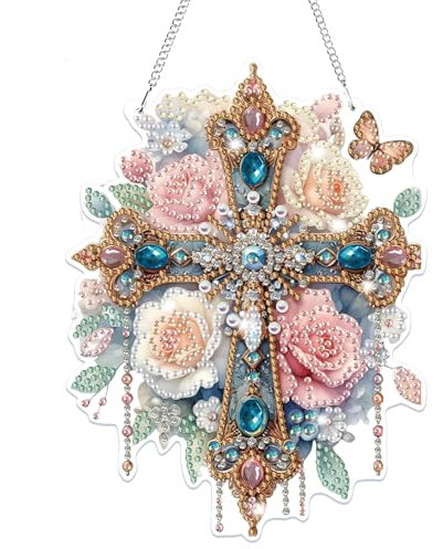Lxmsja 5D Diamond Painting Anhänger Kreuz, Blume Diamond Painting Fensterbilder Beidseitig für Erwachsene Kinder, Bastelset Kreativ Set, Hängend Ornament Kranz Tür Fenster Wand Eingang Decor