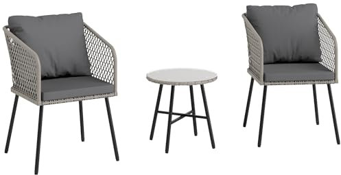 Outsunny 3 Piece Rattan Bistro Set, Patio Wicker Conversation Furniture Set with 2 Chairs, Tempered Glass Table, Cushions, Adjustable Foot Pads, for Garden, Balcony, Grey
