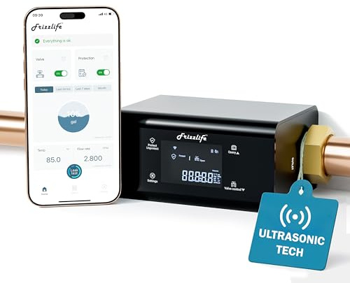Frizzlife LP365 Wassermonitor mit automatischem Absperrventil | Ultraschall-Mikroleckageerkennung (0,01 GPM) | WLAN-App | Echtzeit-Durchfluss- & Temperaturalarme | 24/7 Verbrauchsdaten