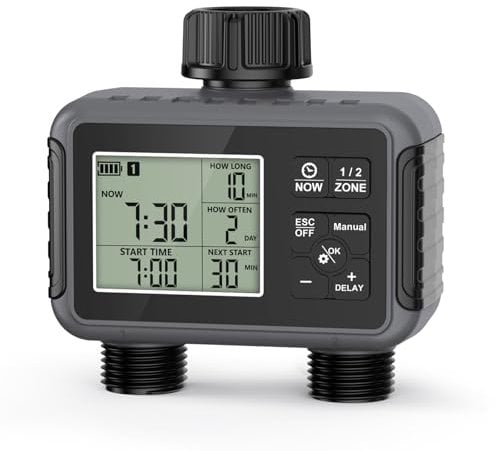 Haozee Bewässerungscomputer 2 Ausgänge, Gartenbewässerungstimer mit Regenverzögerung/Auto- und manuellem Modus, IPX5 wasserdicht/Großes LCD-Display Bewässerungssteuerung