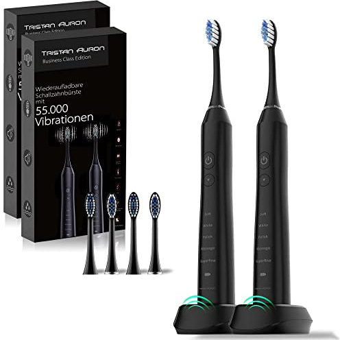 Tristan Auron Doppelpack elektrische Zahnbürste Schallzahnbürste mit 55000 Vibrationen 60 Tage Akku / 5 Putzmodi - 4 Bürstenköpfe (schwarz)