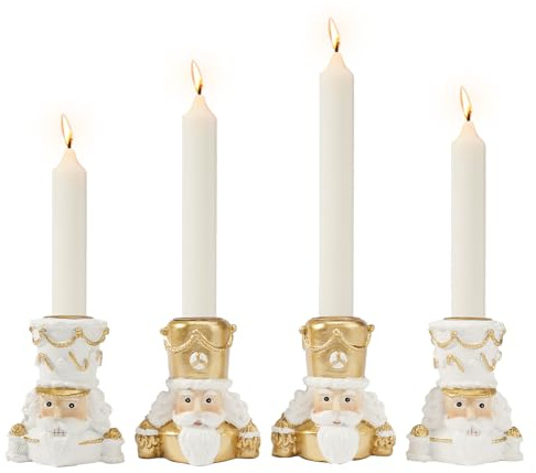DN DECONATION Kerzenhalter Weihnachten Set 4 – Nussknacker Figur in Gold und Weiß, Kerzenständer Stabkerzen aus Resin & Metall für Tischdeko Weihnachten und Weihnachtsdeko Innen