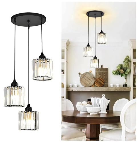 Svetilnikya 3-armiger Industrie-pendelleuchte mit Kristallakzenten, Moderne Hängeleuchte für Wohnzimmer Esstisch küche, hängelampe Schlafzimmer mit Schwarze Deckenplatte, E27 Fassung (Schwarz)