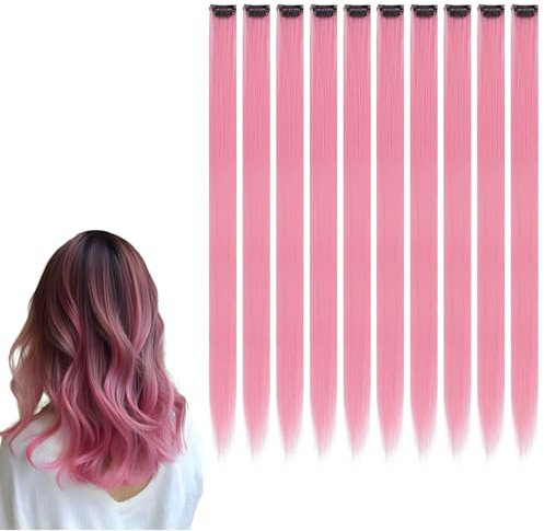 10Pcs Colored Clip in Hair Extensions, 22 Inch Colorful Highlights Hairpieces, for Kid Girls Women Party Hair Decor (Pink)