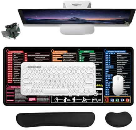 Focenat Mauspad XXL, Mousepad mit Excel Shortcuts Deutsch 900x400x2mm, Schreibtischunterlage mit Handgelenkauflage für Tastatur und Maus für Büro und Zuhause (Deutsch)