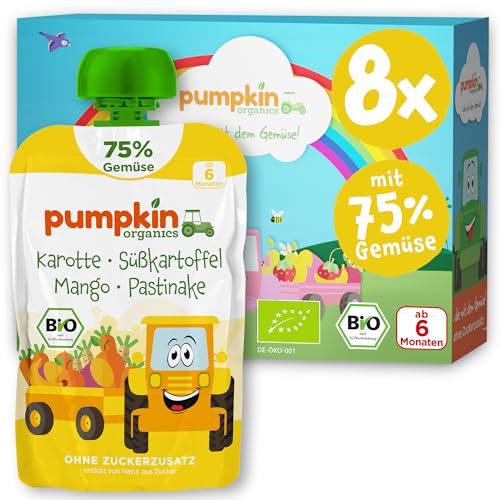 Pumpkin Organics Bio Gemüse-Quetschie mit Mango und Pastinake 8x | Bio Gemüse-Quetschie mit 75% Gemüse und weniger Fruchtzucker, ohne Zuckerzusatz¹, ab 6 Monaten; Beikost- bis Schulsnack