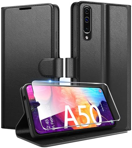 Coiwxmoi für Samsung Galaxy A50 Hülle Mit 1 Stück Panzer Schutz Glas, Wallet Premium PU Leder Handyhülle, Standfunktion Schutzhülle Kartenfach Stoßfeste Klapphülle Flip Case Cover Schwarz