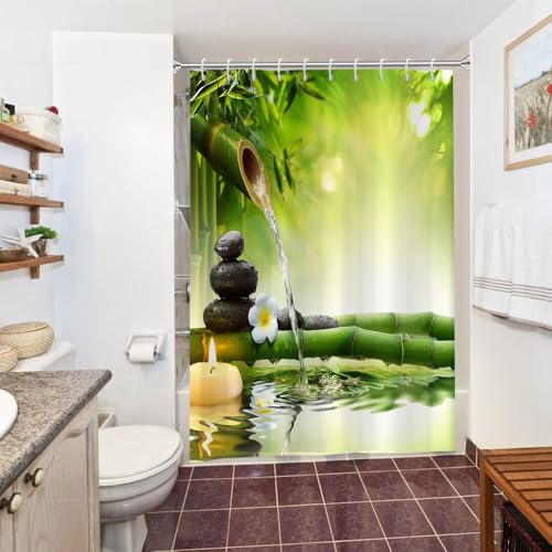 Uiiooazy Duschvorhang 150x200cm Anti Schimmel Grün Bambus Schwarz Steine | Duschvorhang Spa Japanisch Zen Pebble Wasserdicht Stoff Polyester Waschbar Bad Vorhang mit 10 Haken für Badezimmer Badewanne