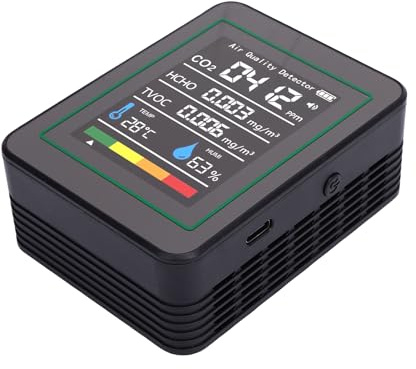 Aoresac 5-in-1-CO2-HCHO-TVOC-Messgerät für das Heimbüro, Tragbarer CO2-Temperatur- und Luftfeuchtigkeitsdetektor mit Langer Batterielebensdauer, Weit Verbreiteter TVOC-Monitor für Schlafzimmer,