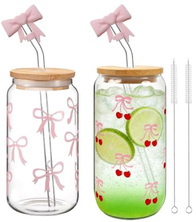 YIPFEN Bicchiere con Cannuccia in Vetro, Set da 2 (500ml), con Fiocco Rosa, Include 2 Cannucce Rigide, Custodie Protettive e Spazzole Igieniche, Perfetto per Matcha Latte e Cocktail Estivi