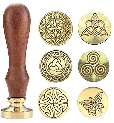 Pentagramtree Keltischer Knotensiegel-Wachsstempel mit 6 Mustern, abnehmbarem Messingkopf + 1 Holzgriff, repräsentieren ewigen Glaube, Freundschaft, Liebe und Treue
