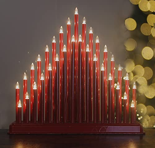Marco Paul Christmas Red Faux Pipe Candle Bridge Arch - Interiors Mains Operated 33 Warm White LEDs Candles Xmas Ornaments - Festival Accessories for Table, Window Candle Arch Decoration