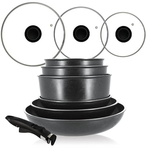 MENASTYL - Set de 10 pièces – 2 poêles 24/28 cm + 3 casseroles 16/18 / 20 cm + 3 couvercles 20/24 / 28 cm + 1 poignée amovible - 6020286
