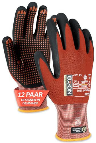 OX-ON Flexible Advanced 1901 Red Work Gloves, Extremely Durable Safety Gloves, Secure Precise Grip, Protective & Comfortable Nitrile Gloves, Dotted Palm For Extra Grip, Sanitised - 12pairs,Size 10/XL