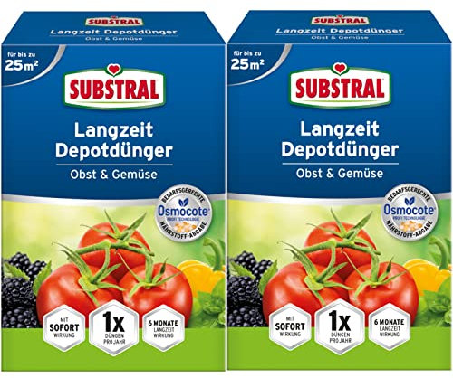 Evergreen Langzeit Depotdünger für Obst & Gemüse - 2 x 750g - Premium-Langzeitdünger für Gemüse & Obst - 16-7-18(-4) NPK(MgO)-Dünger mit Spurennährstoffen
