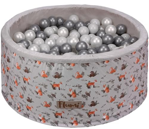 Flumi Personalisierte Bällebad Baby ab 1 Jahr - Bällepool Kinder 90x40cm mit 200 Bällebad Bälle ∅ 7cm in EU hergestellt - Oeko-TEX und CE-Zertifiziert - (Füchse)