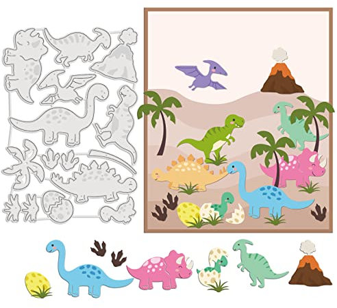 GLOBLELAND Dinosaurier Vulkan Stanzformen für Kartenherstellung Papier Sammelalbum Dekoration und DIY Scrapbooking Eierschalen Palmengras Pterodaktylus Metallschablone Metall Schneiden Schablonen