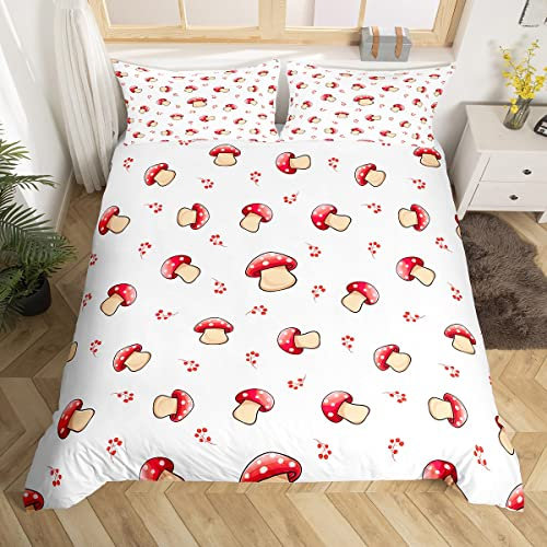 Loussiesd Pilz Deko Bettbezug Set niedliche Pilze Bettwäsche Set 135x200cm für Kinder Jungen Mädchen Kawaii Karikatur Pilz botanische Pflanzen Deko Bettwäsche Jugendliche rot weiß mit 1 Kissenbezug