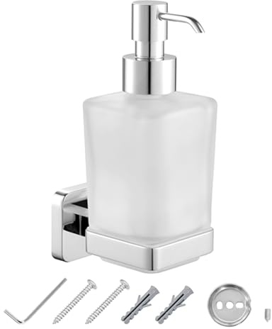 JASSFERRY Wall Mounted Soap Dispenser and Square Holder Frosted Glass Lotion Dispenser Set Chrome