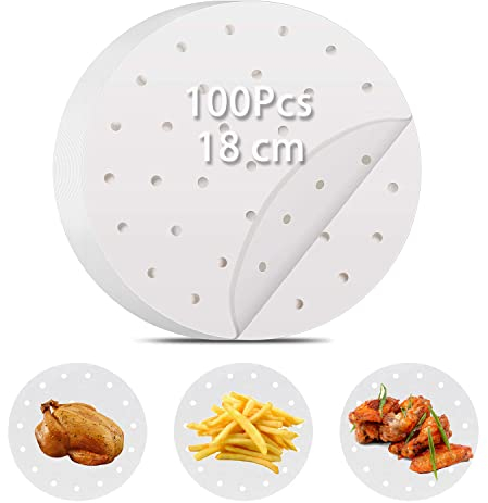 Heißluftfritteusen Backpapier, 100 Stück Weiße Antihaft Air Fryer Paper Backkreise ölabsorbierendes Papier Rundes Grillpapier Silikonölpapier für Friteusen (18cm)