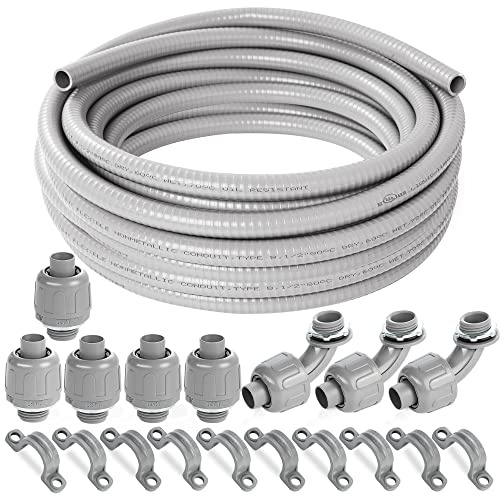 (1/2 Dia * 50 Feet) Yariwiz Flexible Electrical Conduit Liquid Tight PVC Conduit Kit with 5 PCS Coupling, 3 PCS Elbow and 10 PCS Strap, Sealtight Seal Flex Liquidtight Wire Outdoor Non Metallic Grey