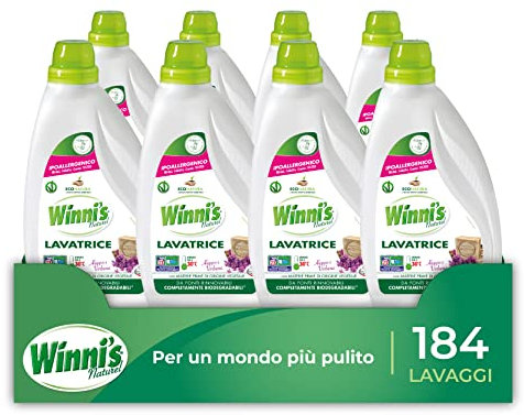 Winni's - Detersivo Lavatrice Ipoallergenico, 184 Lavaggi, Adatto alle Pelli più Sensibili, Fragranza Aleppo e Verbena, con Materie Prime di Origine Vegetale, 1250 ml x 8 Confezioni