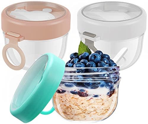 3 Packs Overnight Oats Jar with Lids and Foldable Spoon, 600ml Leak-Proof Breakfast Jars On the Go Airtight Oatmeal Cup Container Dessert Cup Microwave Safe for for Salads Cereal Milk Porridge Fruit