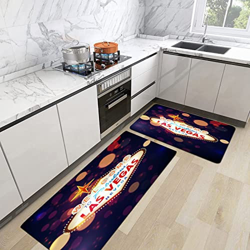 URSOPET 2er Küchenteppich Waschbar rutschfest Teppich,Party Night Willkommen bei Las Vegas Sign Bokeh Casino Poker,Küche und im Esszimmer Badematten Set mit Rückseite