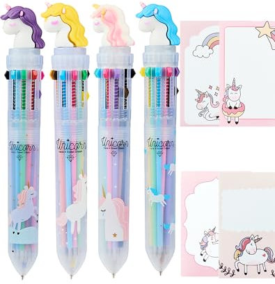 LAOYE 4PCS Mehrfarbiger Kugelschreiber 10in1 Multicolor Kuli Einhorn Stifte lustig 3D Unicorn Kugelschreiber farbig Süße Pferde Kugelschreiber mit 4PCS Haftnotizen - Mehrfarbiger Stift für Kinder
