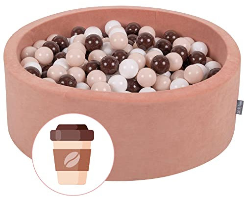 KiddyMoon Bällebad Bällepool Mit Bunten Bällen 90X30cm/300 Bälle ∅ 7Cm Für Babys Kinder Rund, Kaffee:Pastellbeige/Braun/Weiß