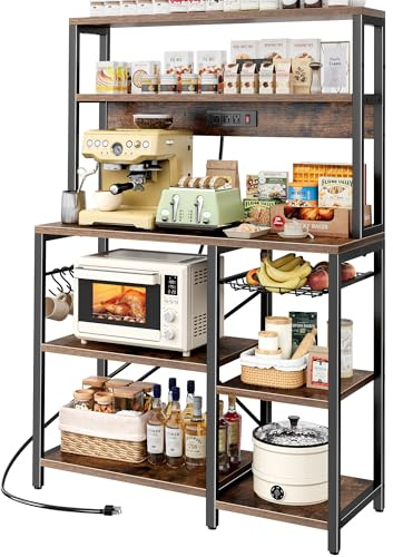 SUPERJARE Bakers Rack with Power Outlet, 35.4 Inches Coffee Bar with Wire Basket, Kitchen Microwave Stand with 6 S-Shaped Hooks, Open Storage Shelves, Rustic Brown