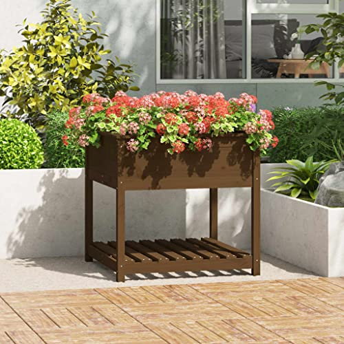 FIRBNUS Pflanzkübel mit Ablage Honigbraun 82,5x82,5x81 cm Massives Kiefernholz Hochbeet Ergonomisch Optimaler Arbeitshöhe Gartenpflanzgefäße Viel Platz Lagerung und Pflanzung von Gemüse und Blumen