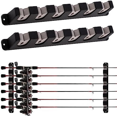 Dr.Fish 1 Pair Wall Mounted Fishing Rod Holder Rod Stand Wall Horizontal Pole Holder for Storing 6 Slots Complete with Accessories in Box
