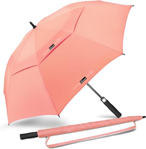 NINEMAX Golf Schirm Sturmfest XXL,Übergröße Regenschirm Automatisch Öffnen,Extra Große Regenschirme Doppeltes Vordach für Reisen,Golfen(Rosa)