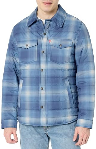 Levi's Men's Quilted Stretch Bomber Shirt Jacket, Vintage Indigo Plaid, XL