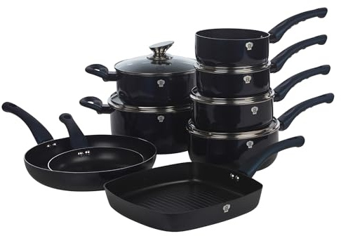 Blaumann 14 Pcs Cookware Pots Grill Pans Set with Soft Touch Handles Glass Lids (Aquamarine)
