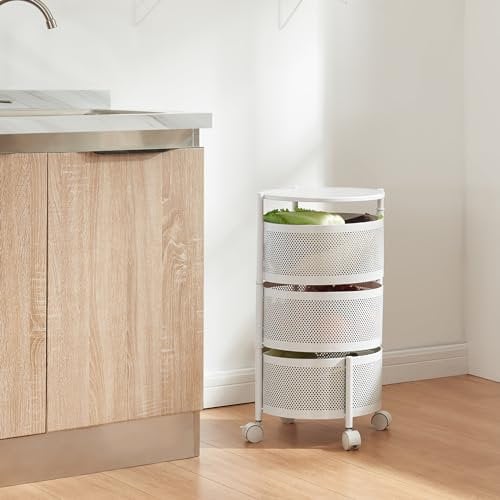 [en.casa] Carro de Servicio con 3 Cestas Redondas Carrito de Cocina Baño con 4 Ruedas Carrito de Verduras con Paredes Perforadas y 2 Cestas Superiores Giratorias Acero 60xØ33cm - Blanco