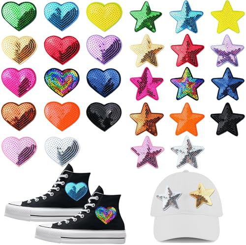28Pcs Sequin Star Iron on Patches Heart Love Iron on Patches Shiny Stars Heart Patches Sew Iron on Adhesive Applique Embroidered Patches for Clothing Bags Hats Jackets Shoes DIY Christmas Decoration
