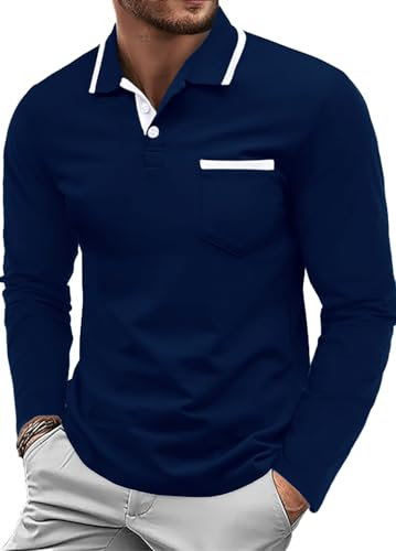 QIXING Herren Poloshirt Langarm Golf Polo mit Brusttasche - Klassisches Baumwoll-Polo Casual T-Shirt Pullover (Marineblau, L)