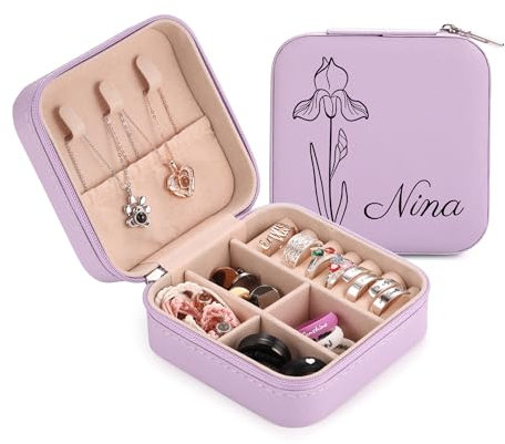 OTXIXTO Scatola Organizzatore Gioielli Pelle Personalizzata con Nome Fiore di Nascita Caso Gioielli Viaggi per Collane/Anelli/Orecchini Scatola Portagioie Viaggi Personalizzata per Donne - A: Viola